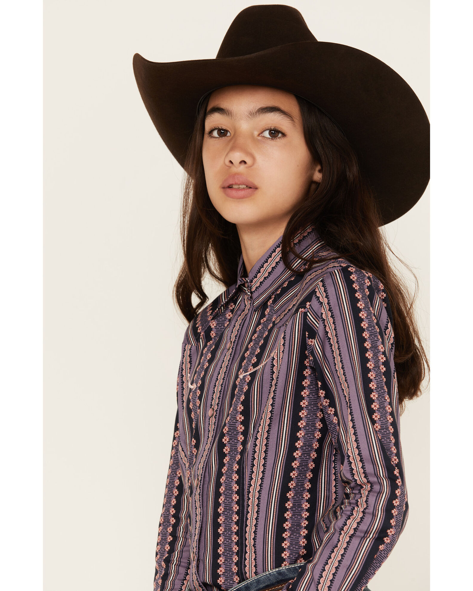 Image #2 - Cruel Girl Girls' Wallpaper Stripe Print Long Sleeve Western Pearl Snap Shirt, Purple, hi-res