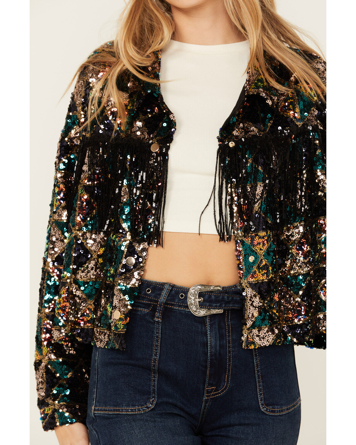 Image #3 - Miss Me Women's Sequin Cropped Fringe Jacket, , hi-res