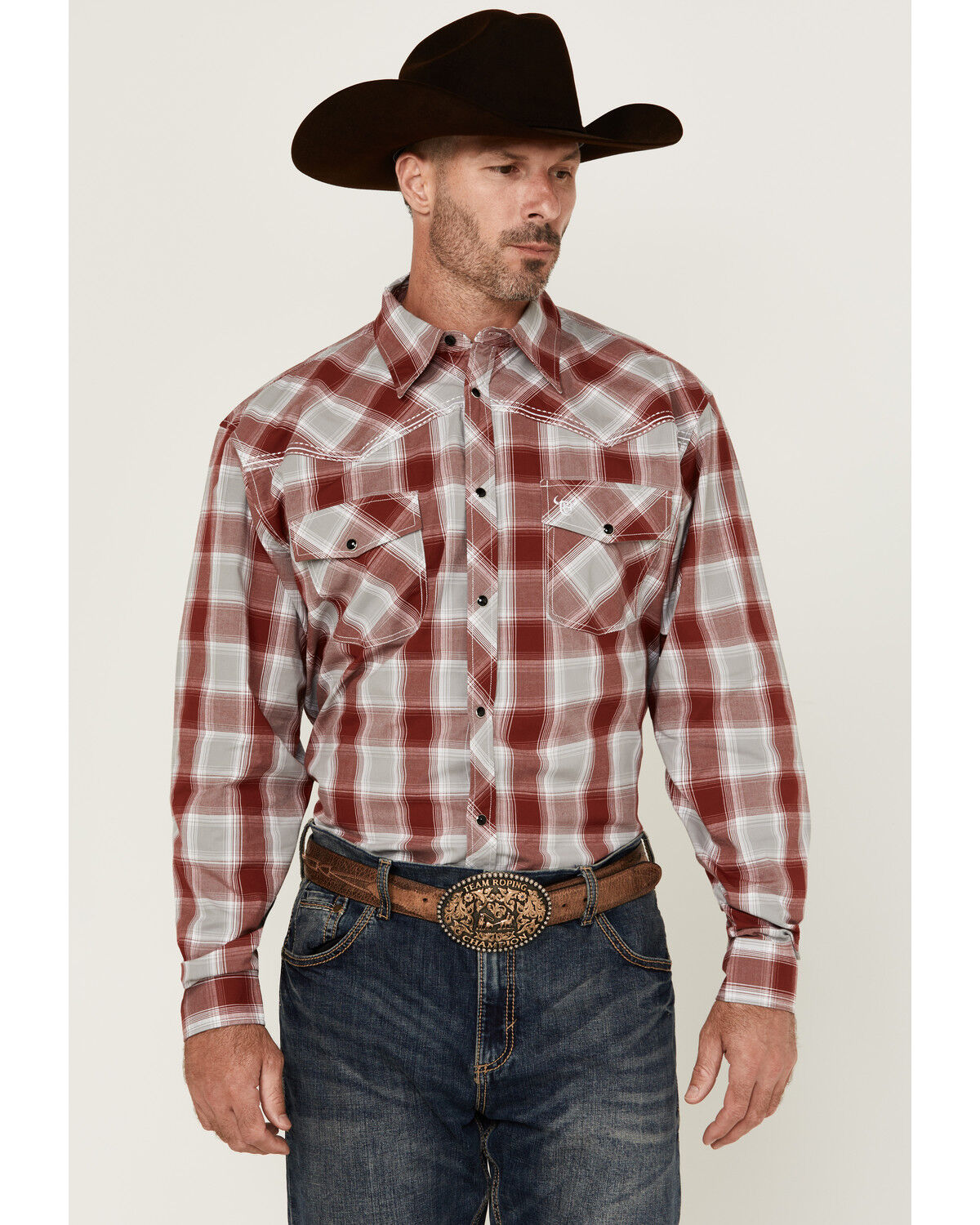 Image #1 - Cowboy Hardware Men's Plaid Print Long Sleeve Snap Western Shirt, Red, hi-res