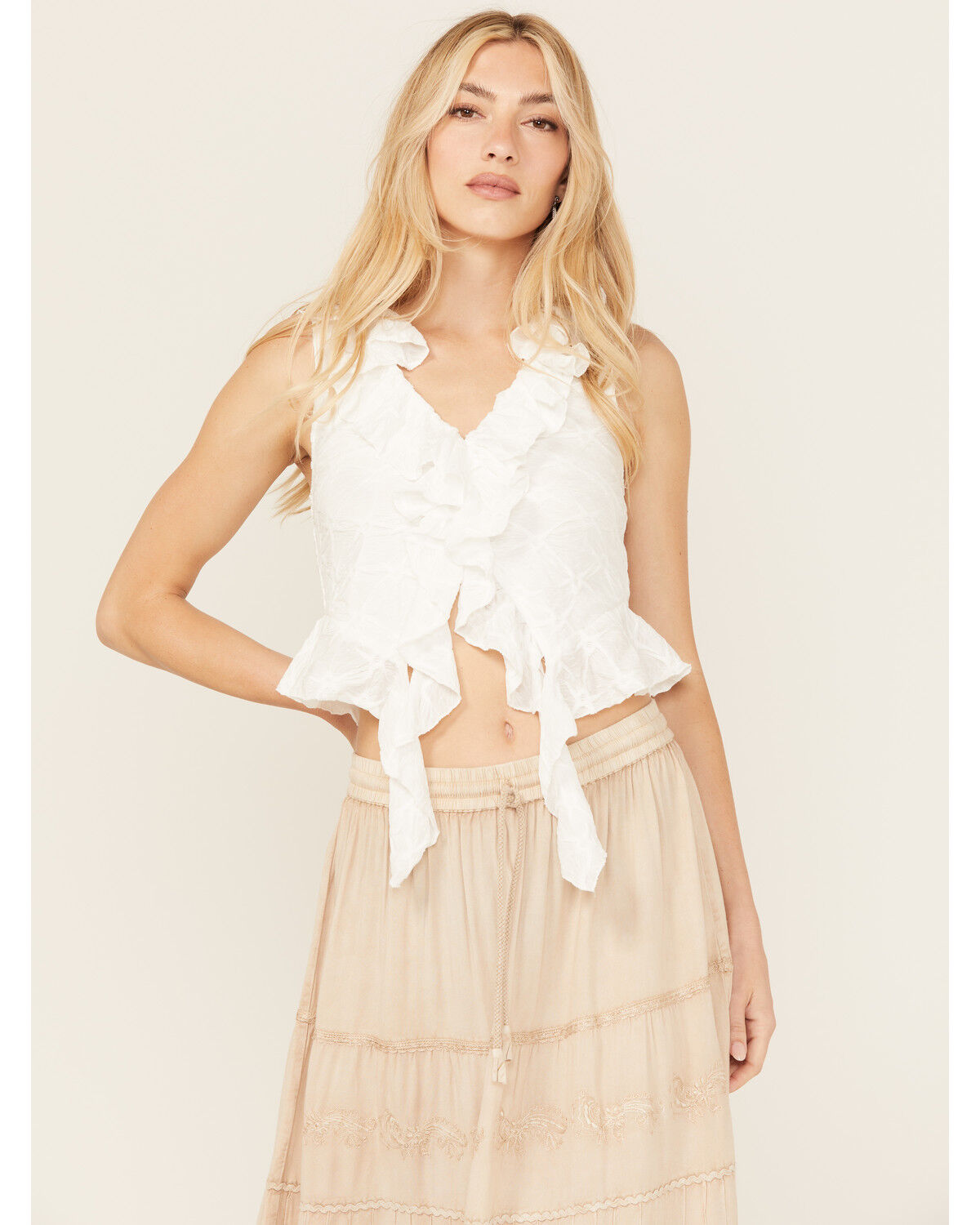 Image #1 - Miss Me Women's Textured Ruffle Tank Top, White, hi-res