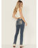 Image #1 - Miss Me Women's Medium Wash Mid Rise Floral Fleur de Lis Pocket Bootcut Stretch Denim Jeans, Medium Wash, hi-res