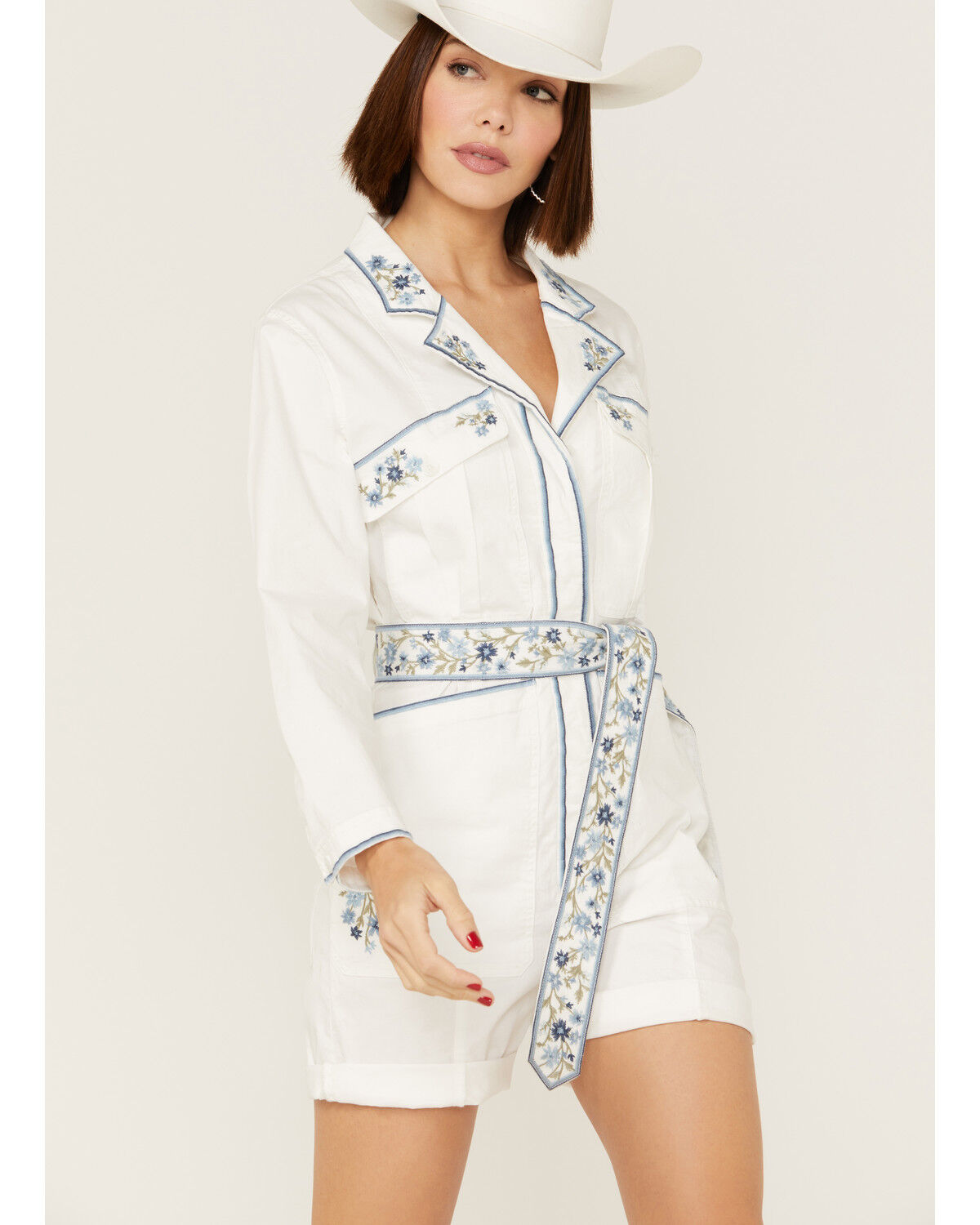 Image #1 - Driftwood Women's Embroidered Floral Shortall Romper, White, hi-res