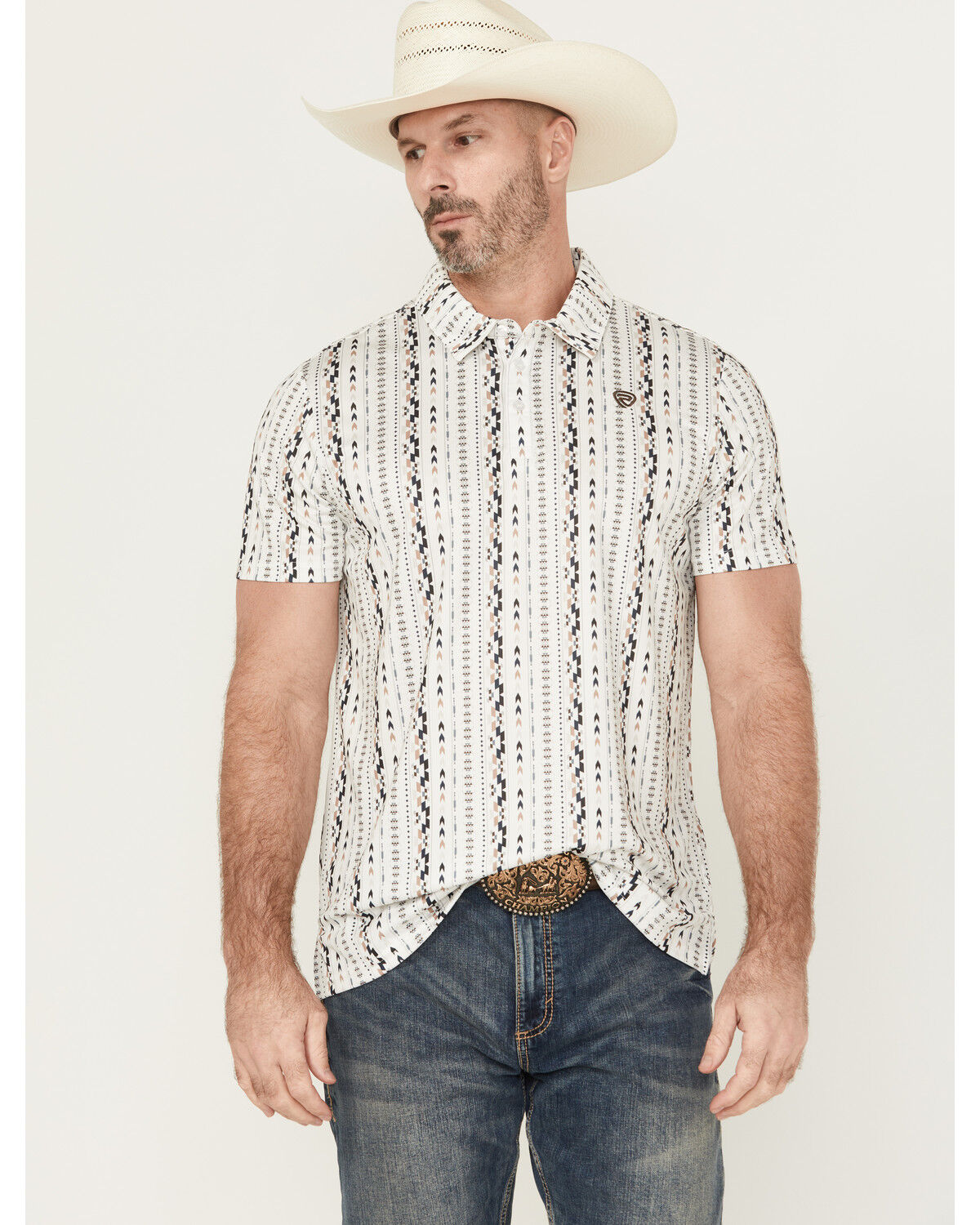 Image #1 - Rock & Roll Denim Men's Southwestern Striped Short Sleeve Stretch Polo, Natural, hi-res