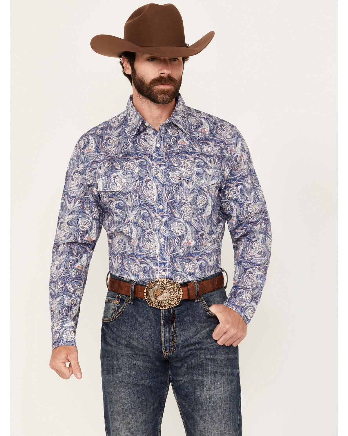 Image #1 - Wrangler 20X Men's Paisley Print Long Sleeve Pearl Snap Stretch Western Shirt, Blue, hi-res