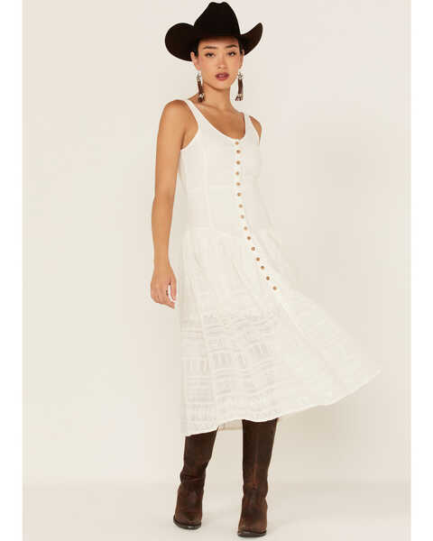 Shyanne Women's Drop Waist Button Front Sleeveless Midi Dress, Ivory, hi-res