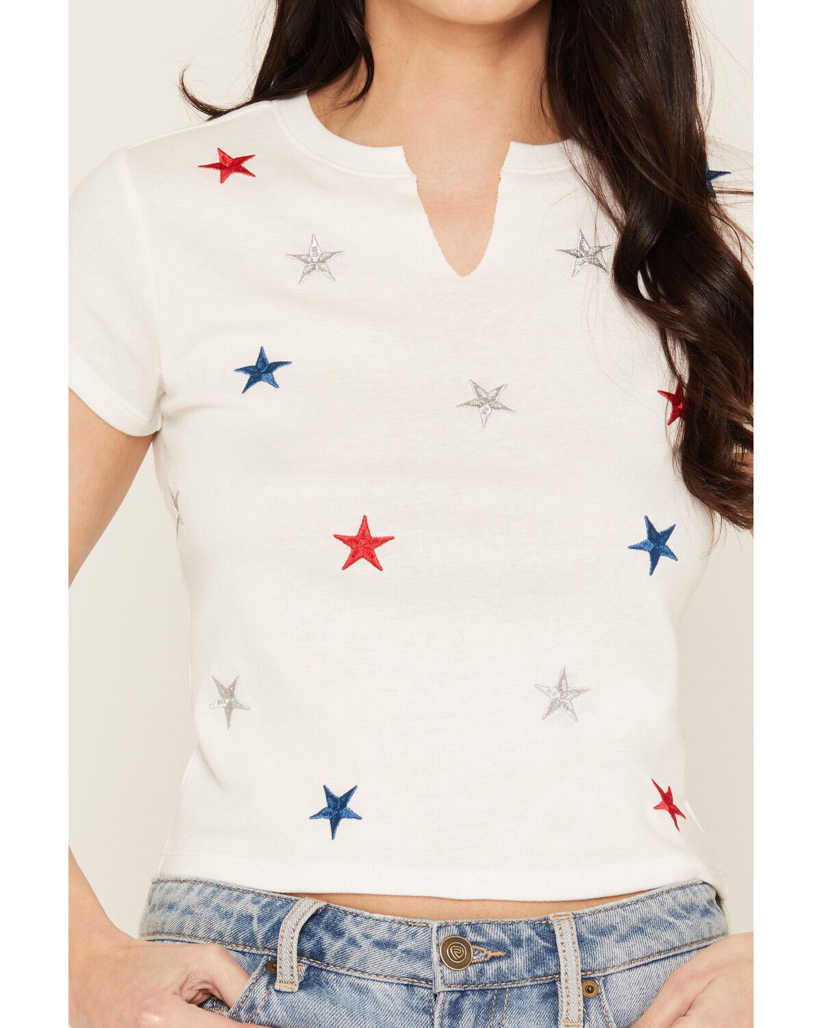Image #3 - Blended Women's Americana Star Embroidered Short Sleeve Baby Tee, White, hi-res