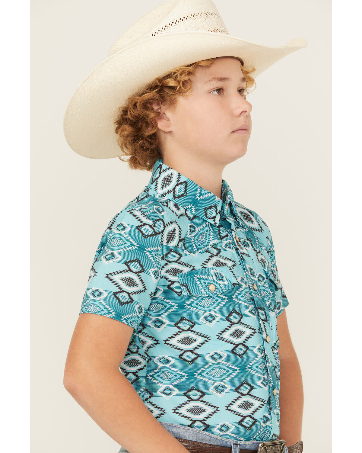 Image #3 - Rock & Roll Denim Boys' Southwestern Print Short Sleeve Snap Western Shirt, Teal, hi-res
