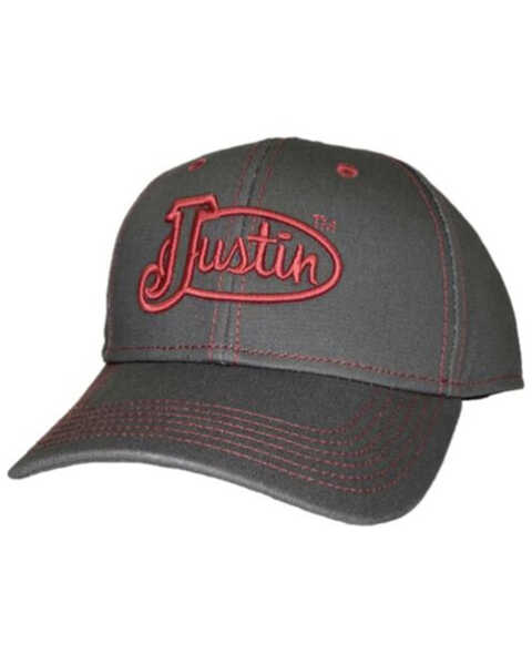 Justin Men's Gray & Red Embroidered Logo Solid-Back Ball Cap , Grey, hi-res