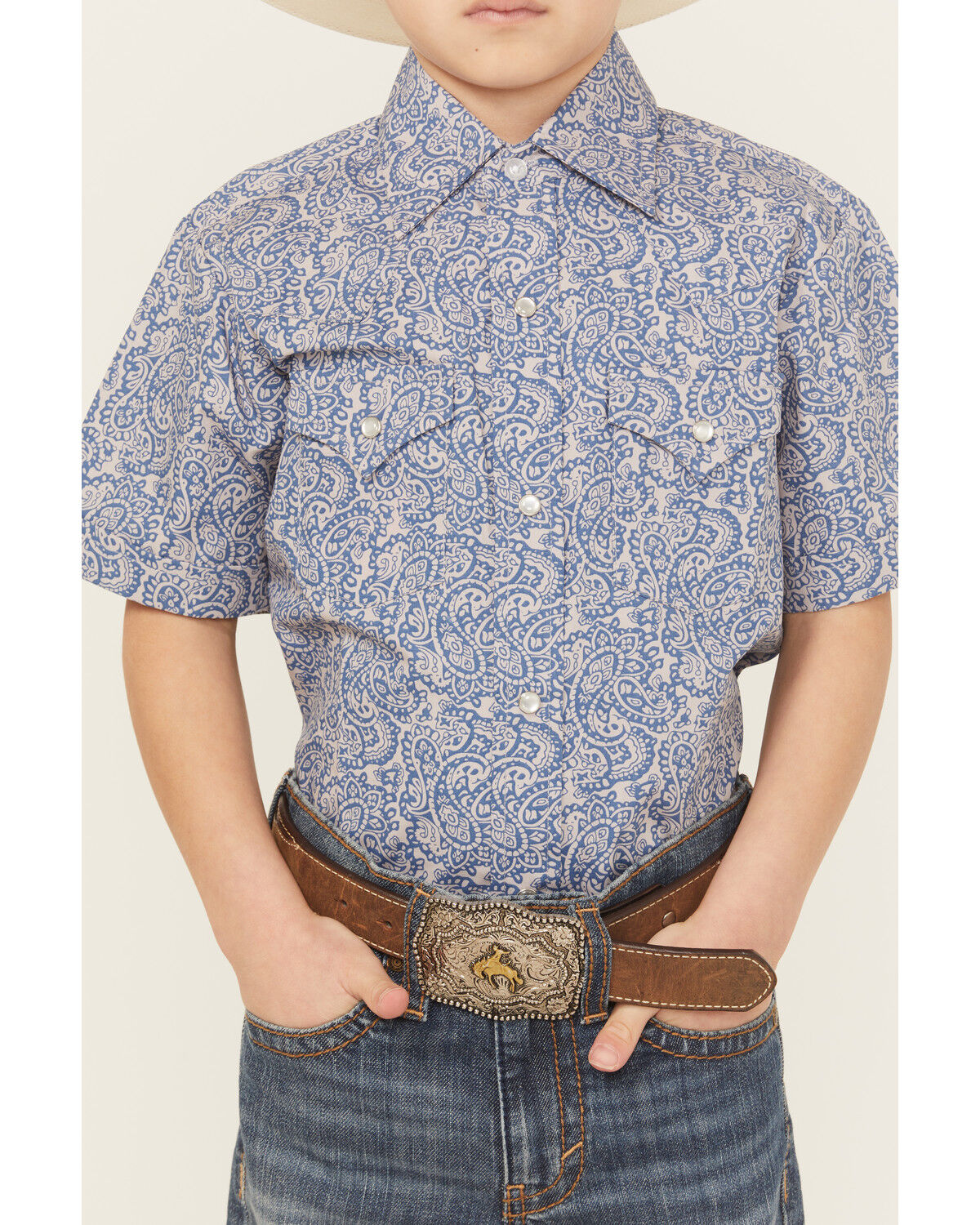 Image #3 - Ely Walker Boys' Paisley Print Short Sleeve Pearl Snap Western Shirt, Navy, hi-res