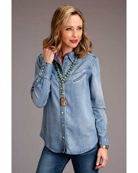Stetson Women's Solid Denim Long Sleeve Snap Western Shirt , Blue, hi-res