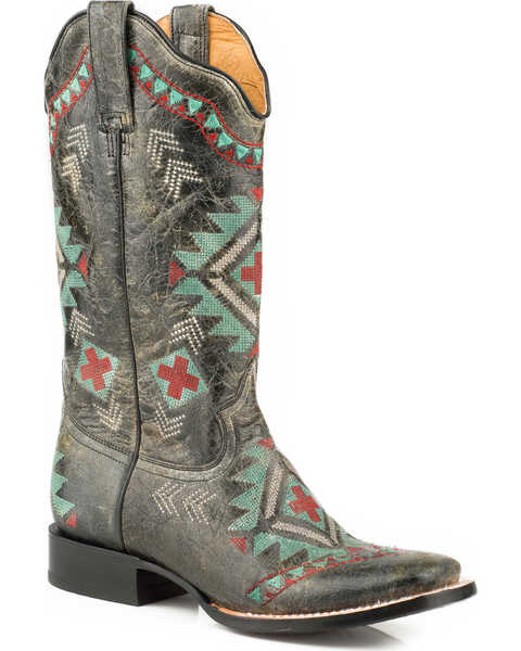 Roper Women's Aztec Embroidered Cowgirl Boots - Square Toe, Black, hi-res