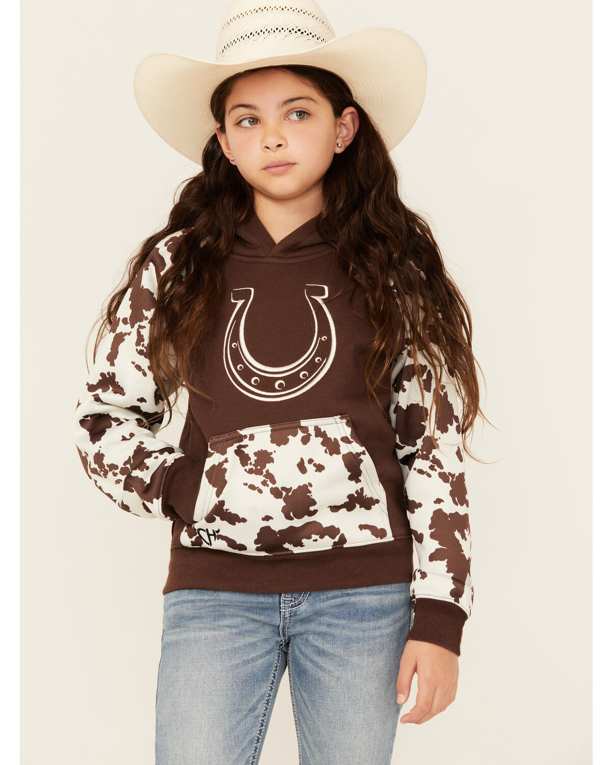 Image #1 - Cowgirl Hardware Girls' Horseshoe Raglan Fleece Hoodie, Chocolate, hi-res