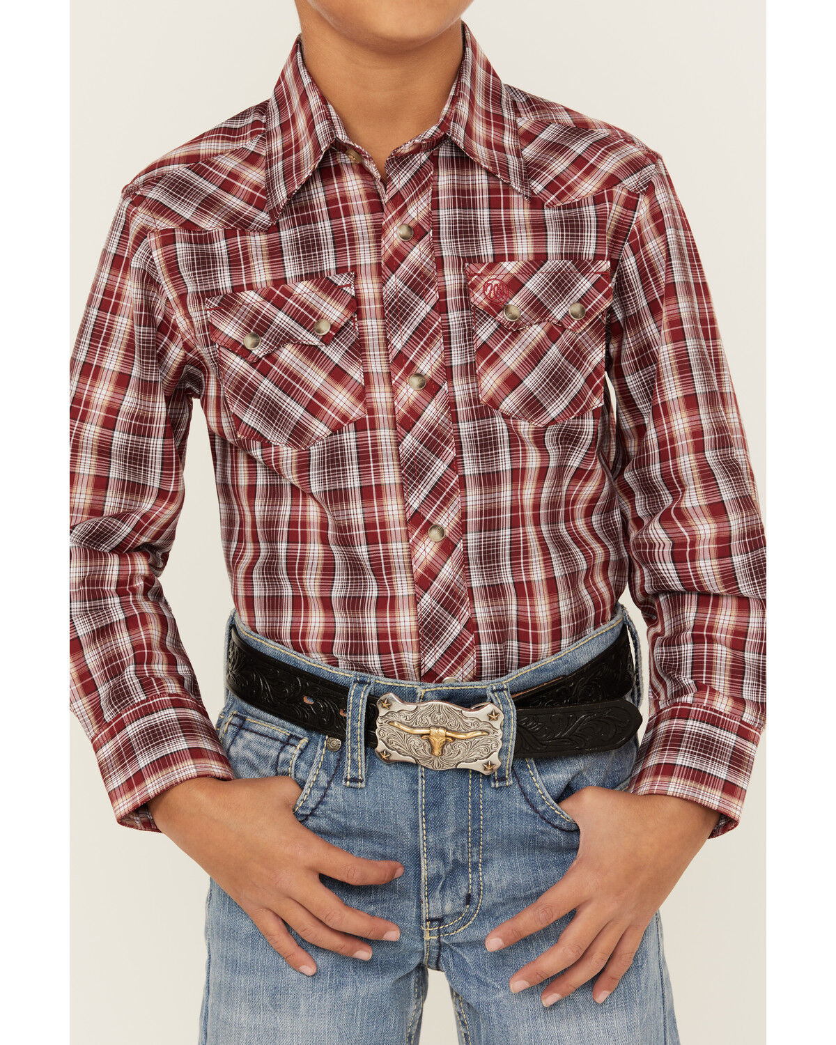 Image #3 - Wrangler Retro Boys' Plaid Print Long Sleeve Snap Western Shirt, Red, hi-res