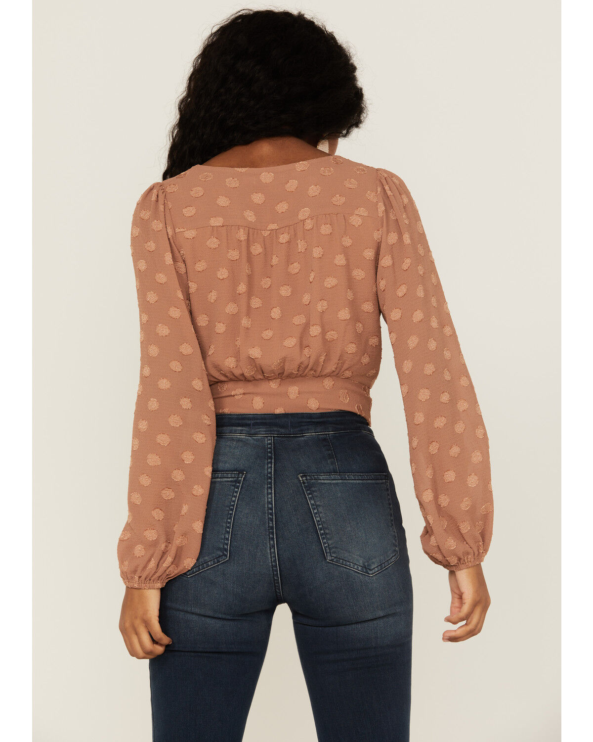 Image #4 - Lush Women's Tie Front Textured Dot Long Sleeve Blouse, Camel, hi-res