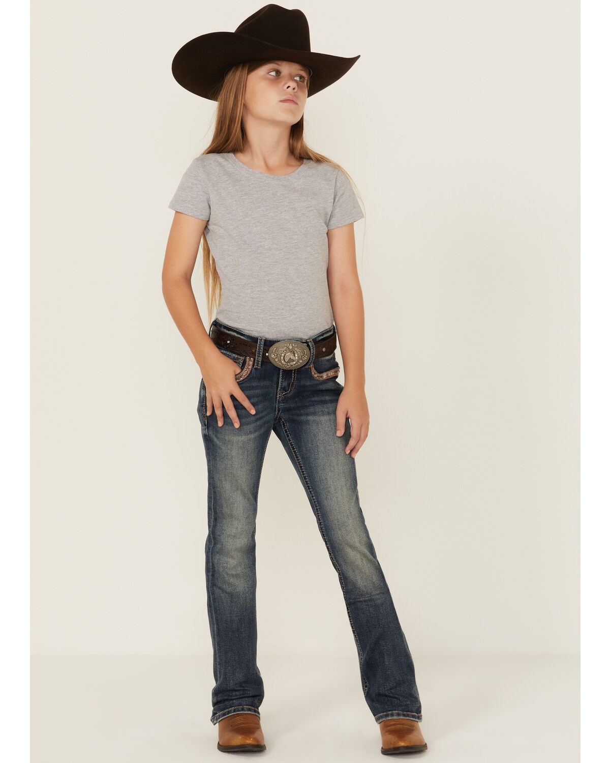 Image #3 - Grace In LA Girls' Cowhide Horseshoe Bootcut Stretch Denim Jeans, Blue, hi-res