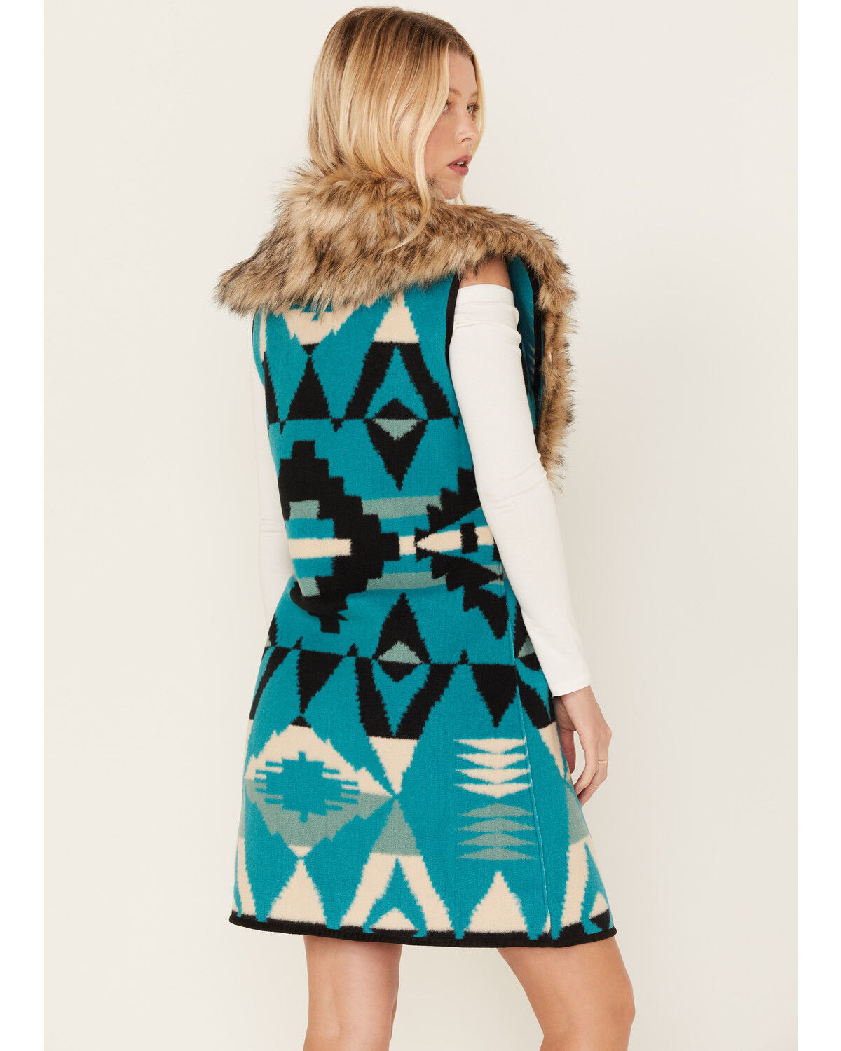 Image #4 - Tasha Polizzi Women's Southwestern Print Faux Fur Old Ranch Vest, Turquoise, hi-res