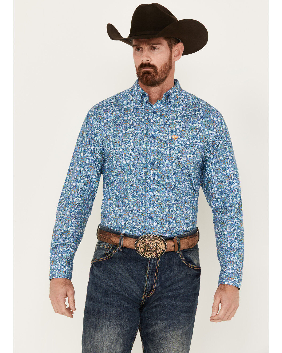 Image #1 - Ariat Men's Gentry Paisley Print Long Sleeve Button-Down Western Shirt, Blue, hi-res