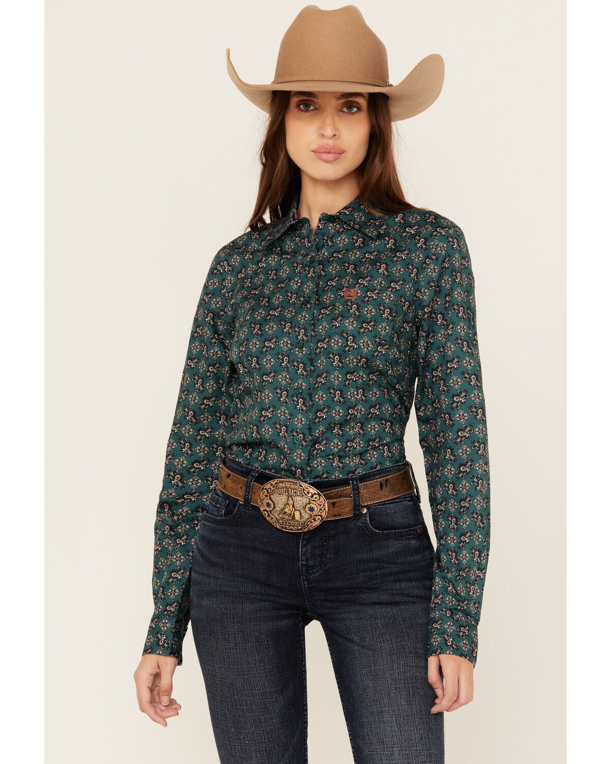 Cinch Women's Paisley Print Long Sleeve Button-Down Western Shirt, Green, hi-res