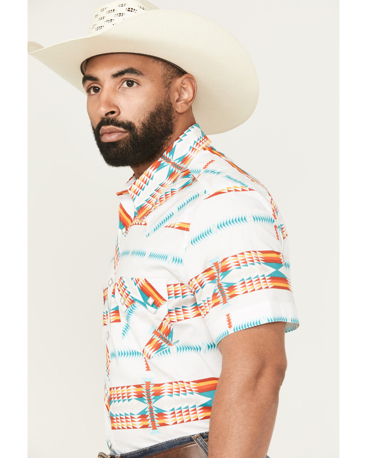 Image #2 - Rock & Roll Denim Men's Southwestern Print Short Sleeve Snap Stretch Western Shirt, White, hi-res
