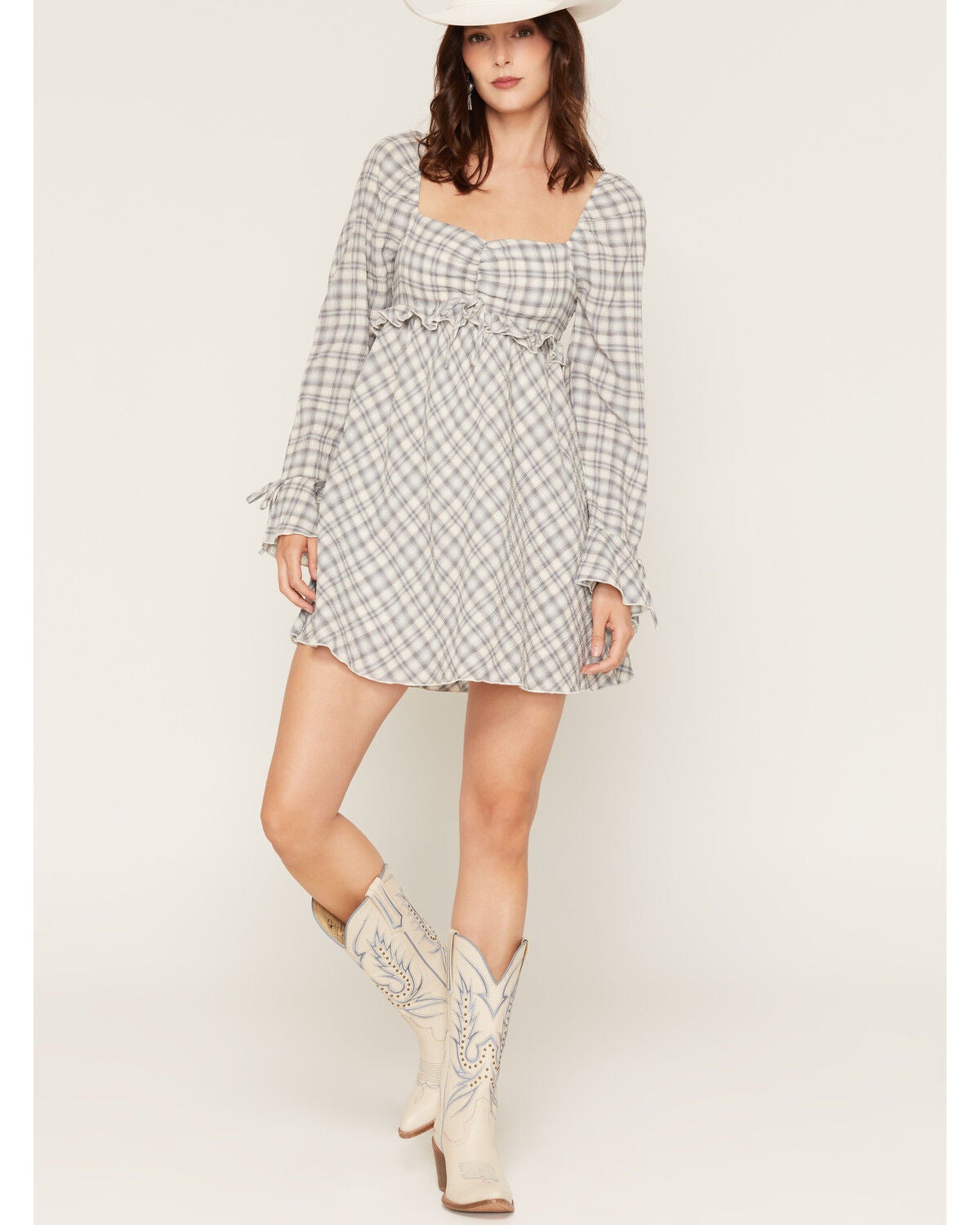 Image #1 - Cleo + Wolf Women's Plaid Print Ruffle Long Sleeve Mini Dress, Blue, hi-res