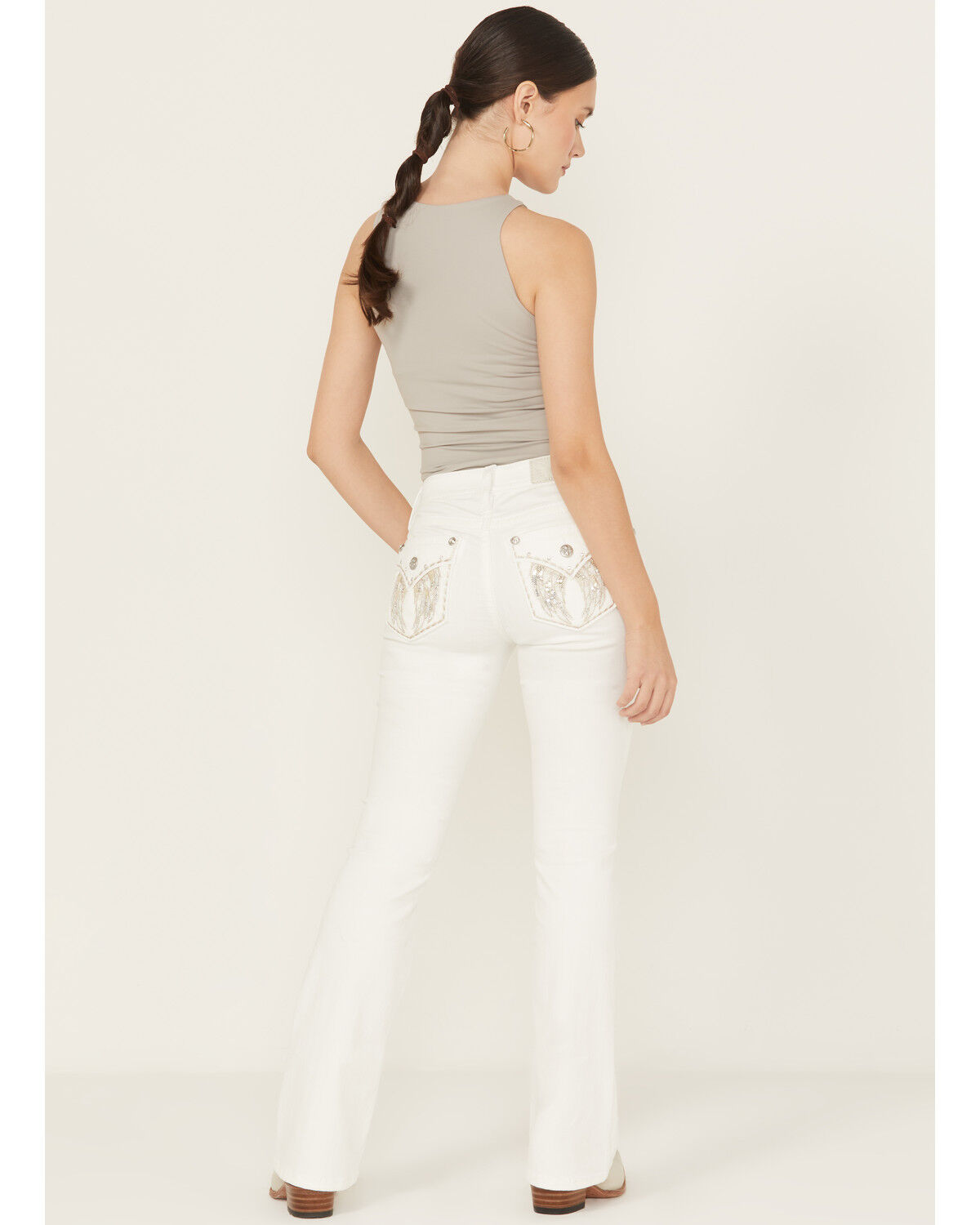 Image #1 - Miss Me Women's Mid Rise Wing Pocket Bootcut Stretch Denim Jeans, White, hi-res