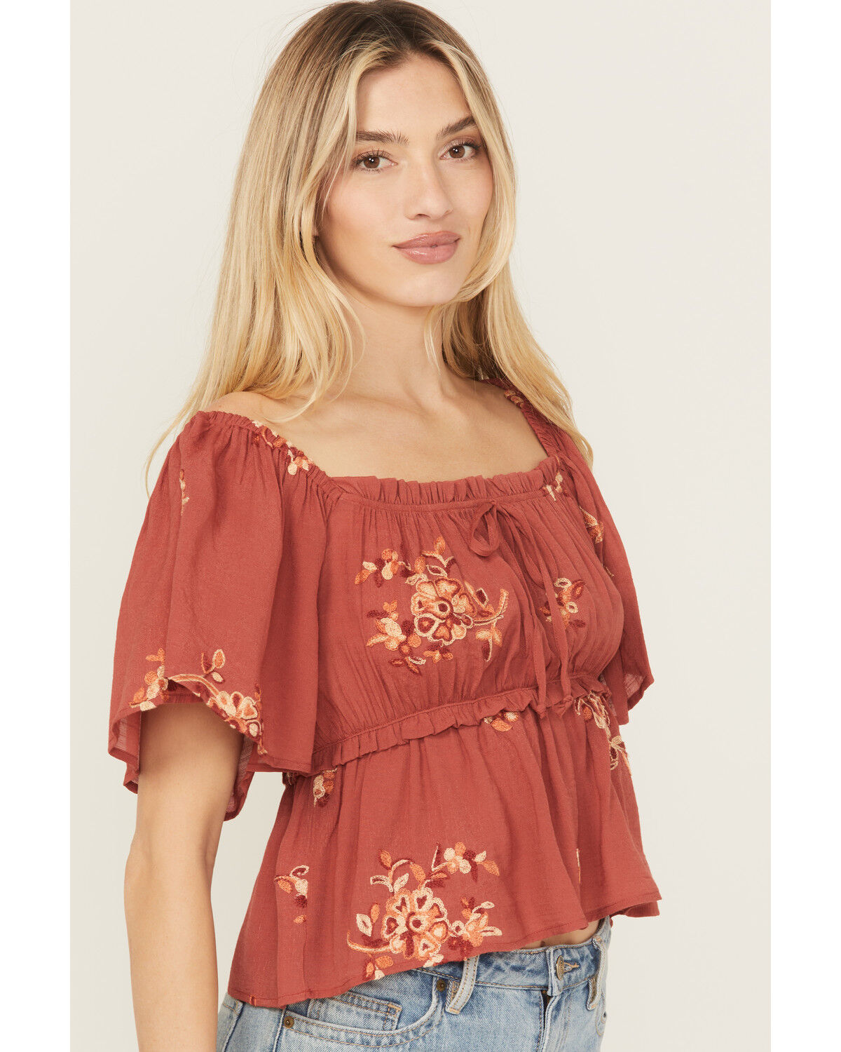 Image #2 - Wild Moss Women's Floral Embroidered Short Sleeve Peplum Top, Rust Copper, hi-res