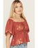 Image #2 - Wild Moss Women's Floral Embroidered Short Sleeve Peplum Top, Rust Copper, hi-res