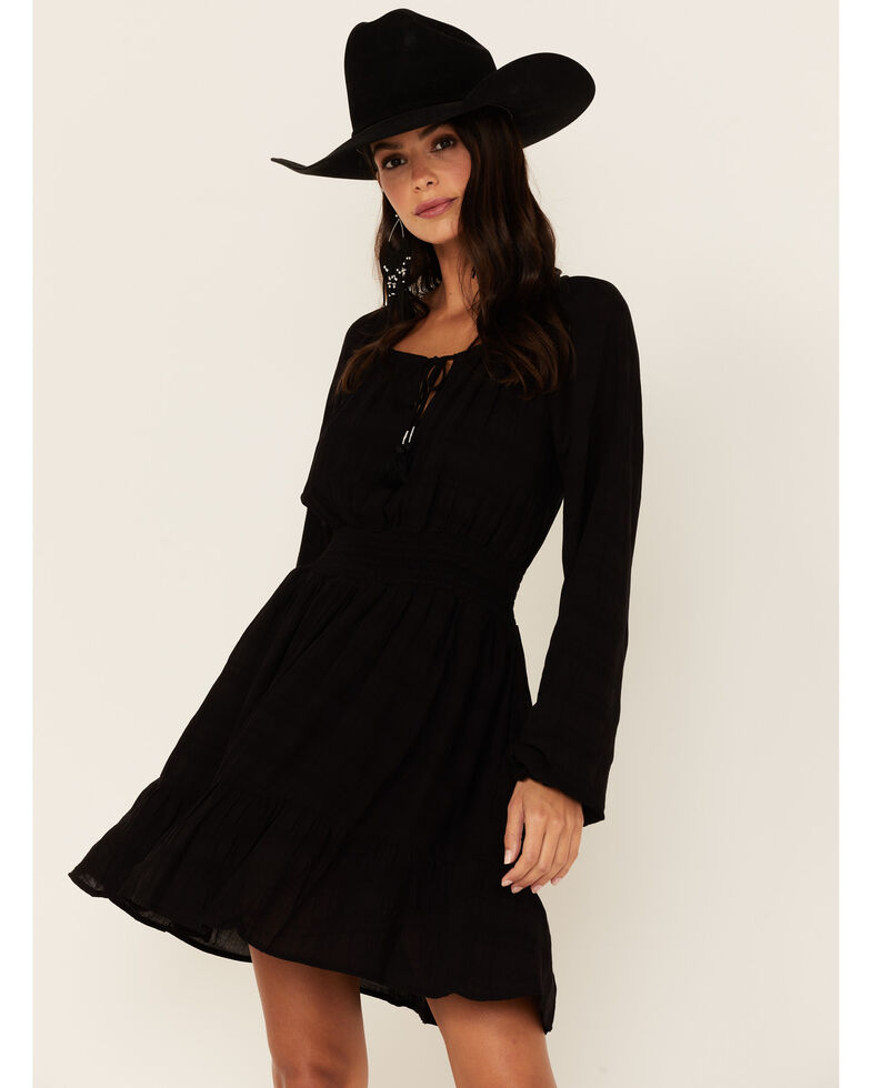 Idyllwind Women's Black Smocked Long Sleeve Peasant Dress, Black, hi-res