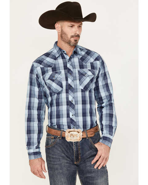 Wrangler Men's Plaid Print Long Sleeve Snap Western Shirt, Blue, hi-res