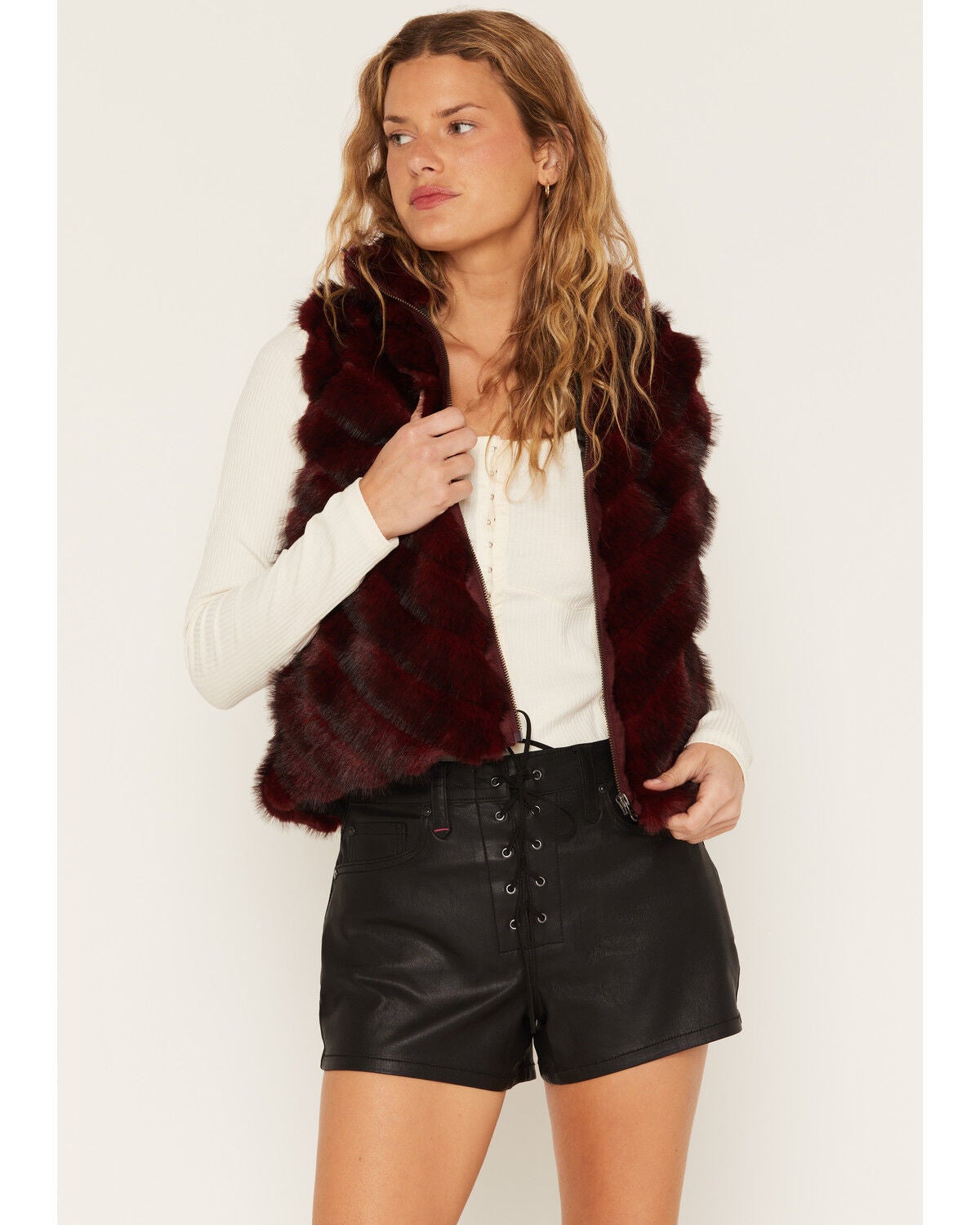 Image #1 - Cripple Creek Women's Faux Fur Zip-Up Vest, Red, hi-res