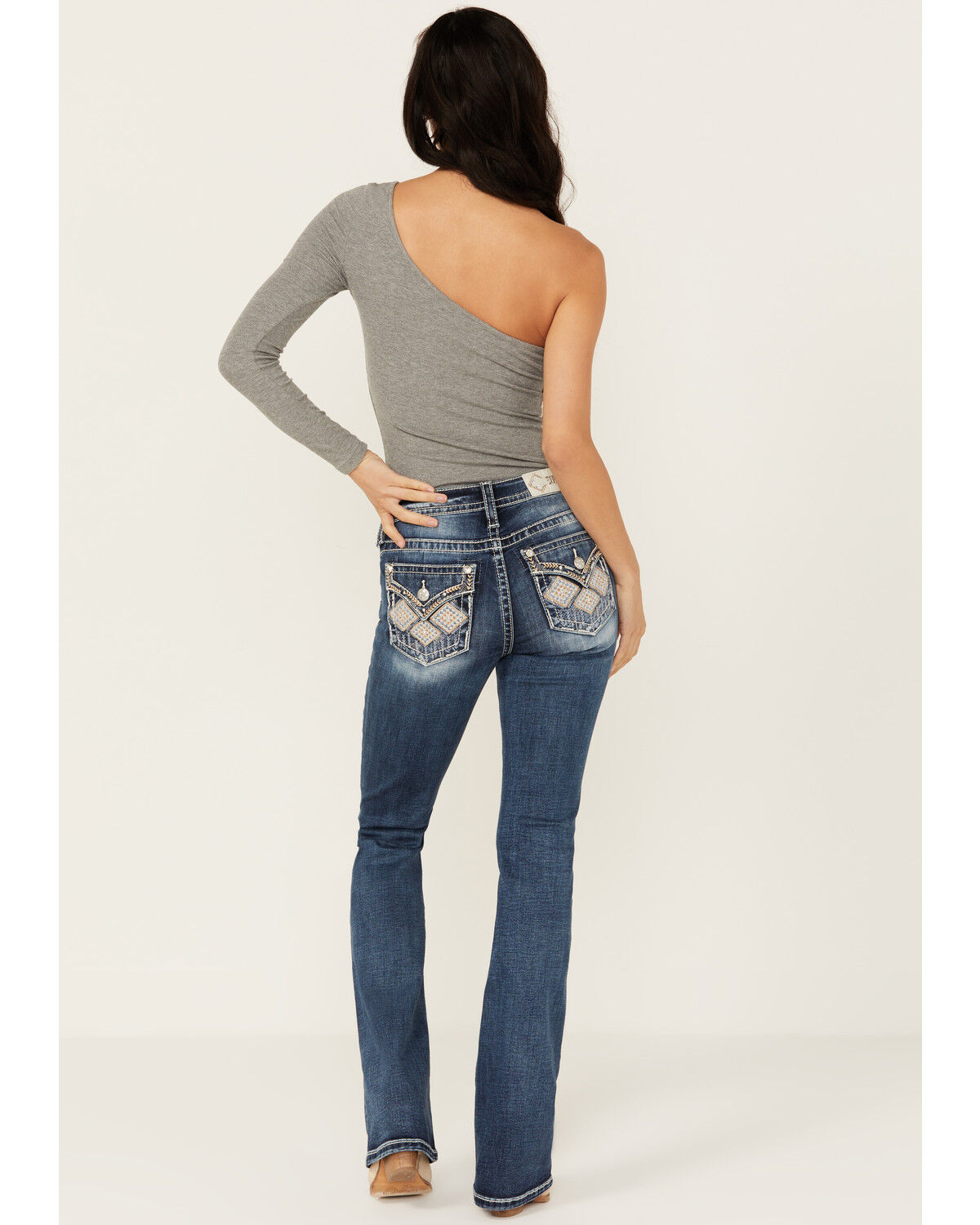 Image #1 - Miss Me Women's Dark Wash Mid Rise Diamond Geo Pocket Stretch Bootcut Jeans, Dark Wash, hi-res