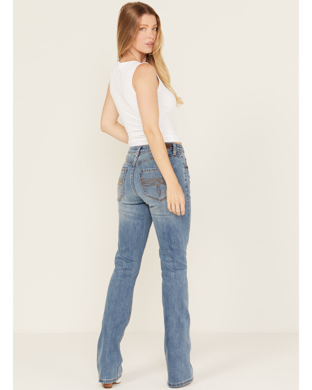 Image #3 - Rock & Roll Denim Women's Medium Wash Mid Rise Distressed Bootcut Stretch Denim Jeans, Medium Wash, hi-res