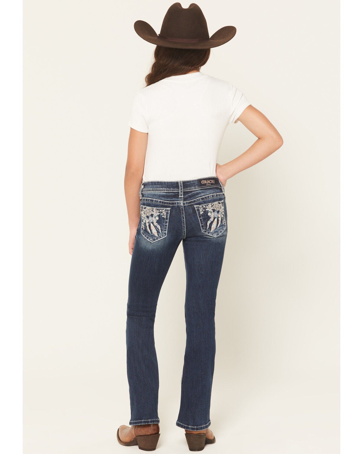 Grace in LA Girls' Dark Wash Dreamcatcher Pocket Bootcut Stretch Denim Jeans, Dark Wash, hi-res