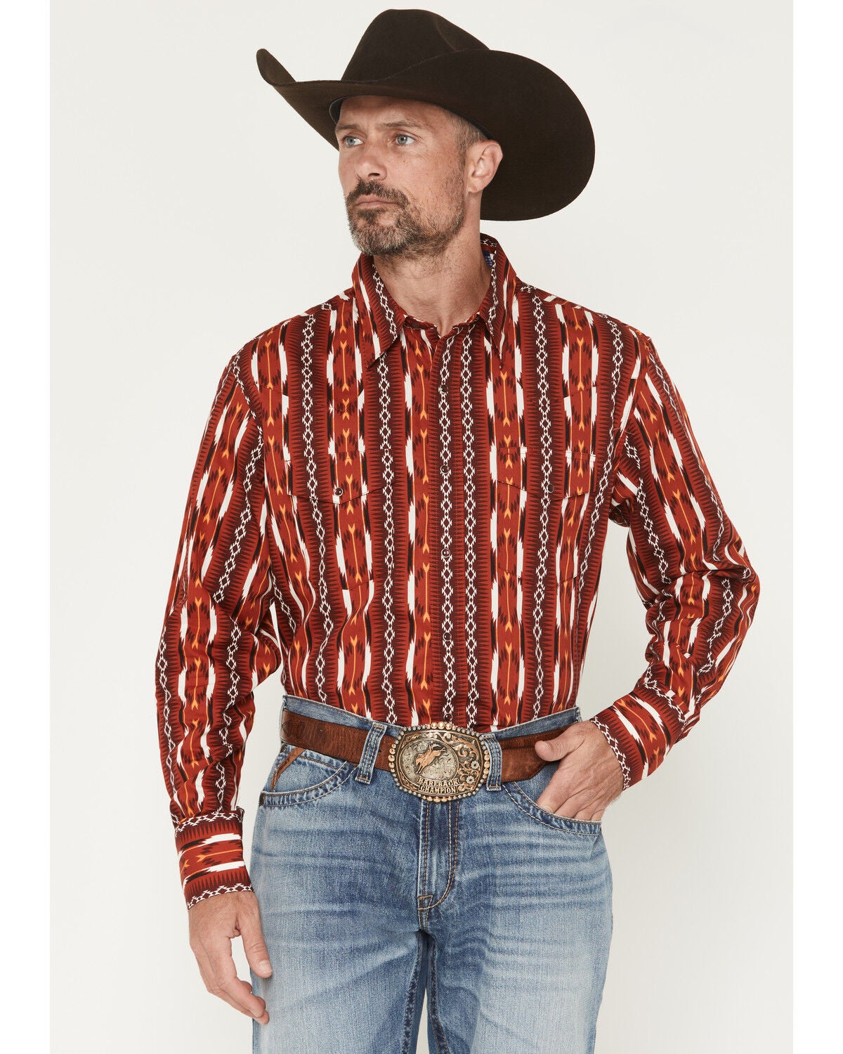 Wrangler Men's Checotah Southwestern Print Long Sleeve Snap Western Shirt, Red, hi-res