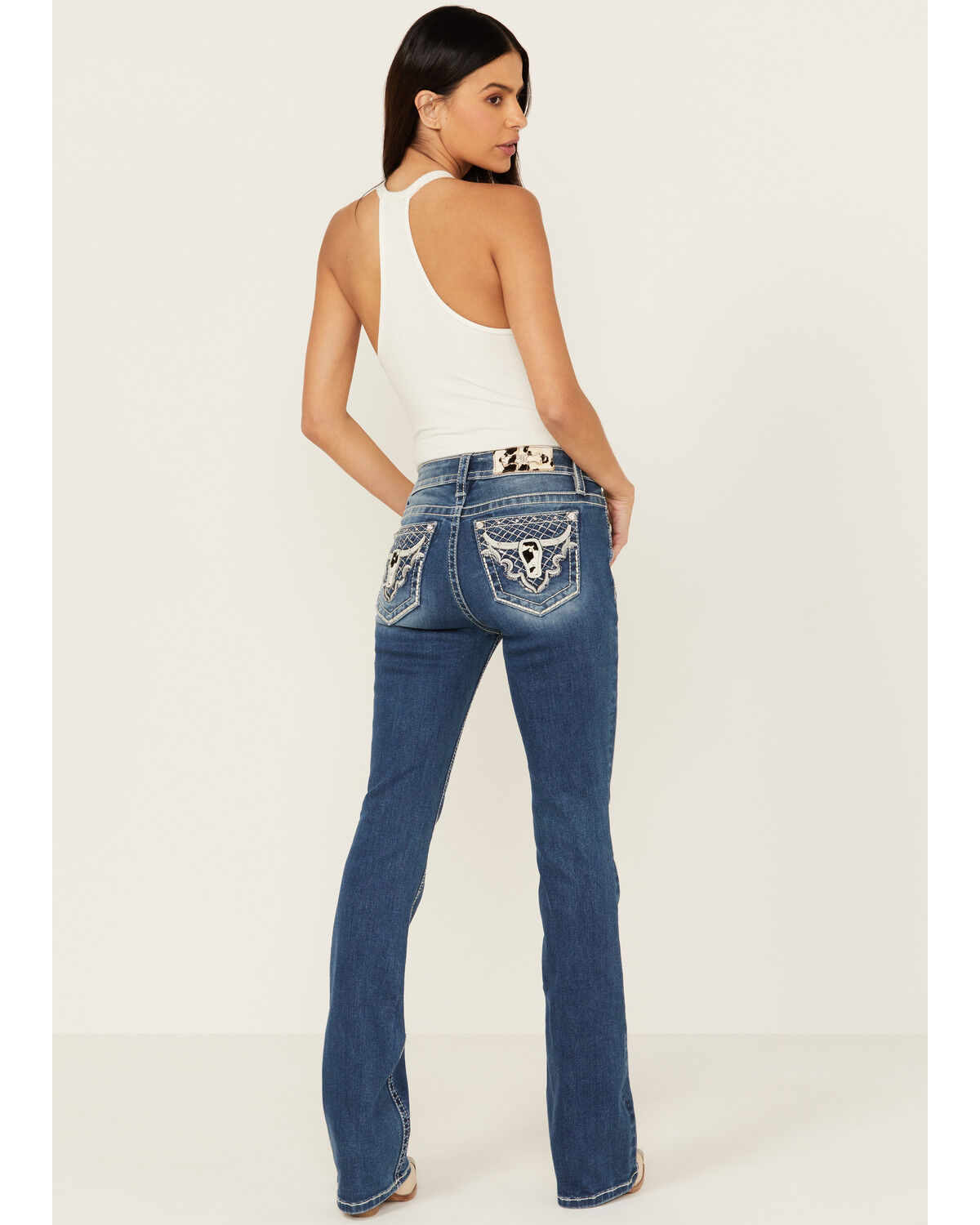 Image #1 - Miss Me Women's Dark Wash Mid Rise Faux Cowhide Longhorn Bootcut Stretch Denim Jeans, Dark Wash, hi-res