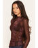 Image #2 - Miss Me Women's Floral Mesh Long Sleeve Top, Burgundy, hi-res