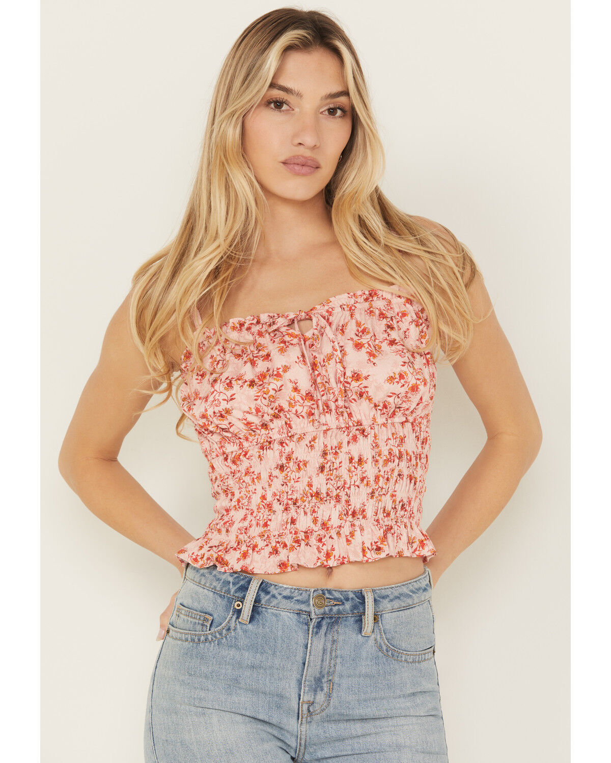 Image #1 - Shyanne Women's Floral Print Smocked Tie Front Top, Light Pink, hi-res