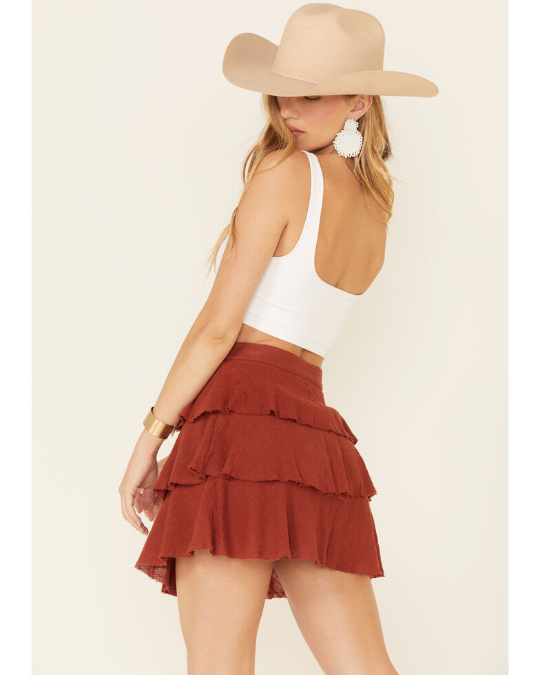 Very J Women's Button Front Tiered Mini Skirt, Rust Copper, hi-res