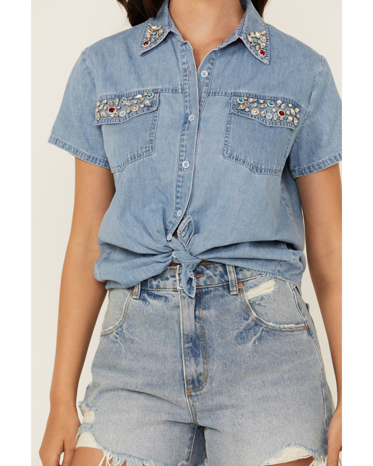 Blue B Women's Light Wash Rhinestone Short Sleeve Button Blue B Women's Light Wash Rhinestone Short Sleeve Button