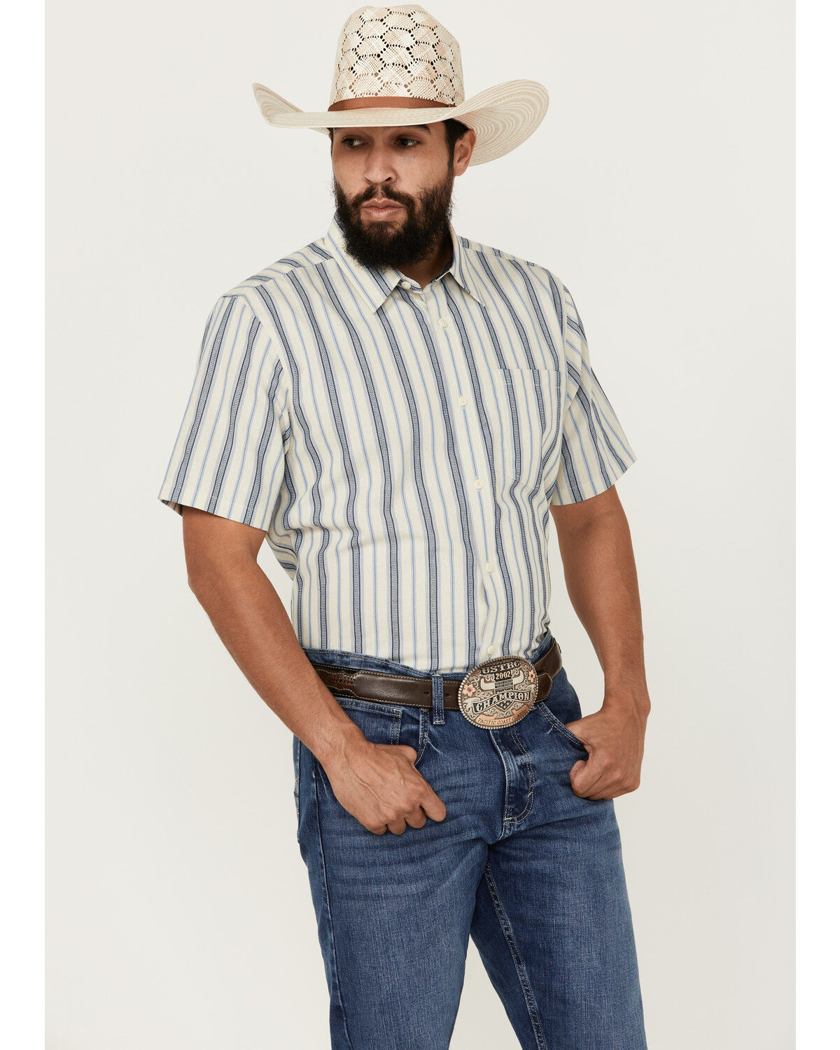 Image #1 - Cody James Men's Gunsmoke Dobby Striped Button-Down Short Sleeve Western Shirt - Big, Cream, hi-res