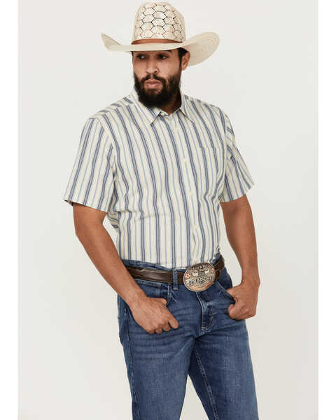 Cody James Men's Gunsmoke Dobby Striped Button-Down Short Sleeve Western Shirt - Big , Cream, hi-res