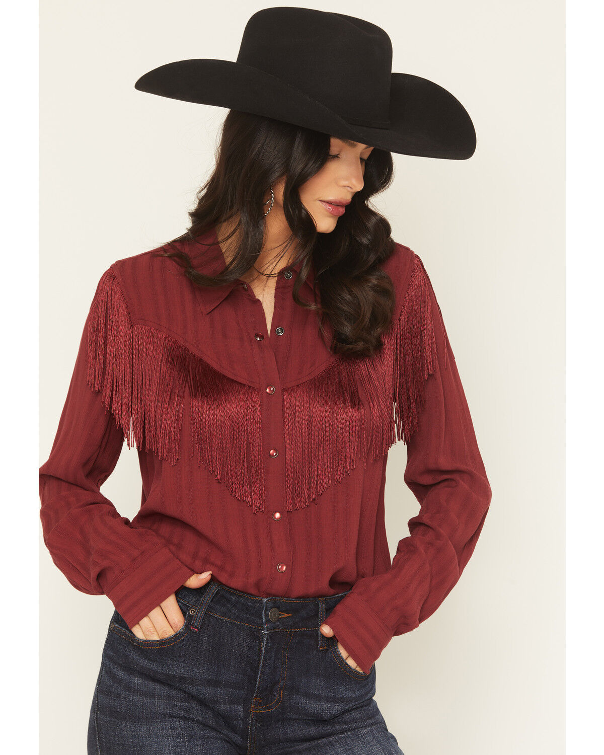 Image #1 - Idyllwind Women's Revive Fringe Long Sleeve Snap Crinkle Shirt, Cherry, hi-res