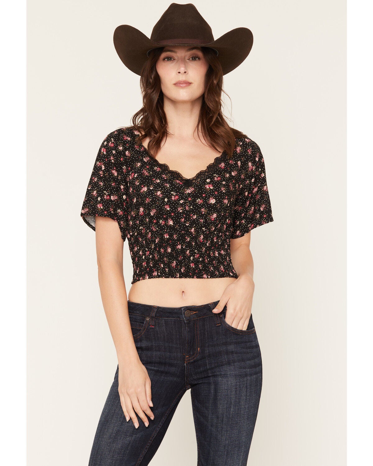 Image #1 - Idyllwind Women's Laredo Floral Print Cropped Blouse, Black, hi-res