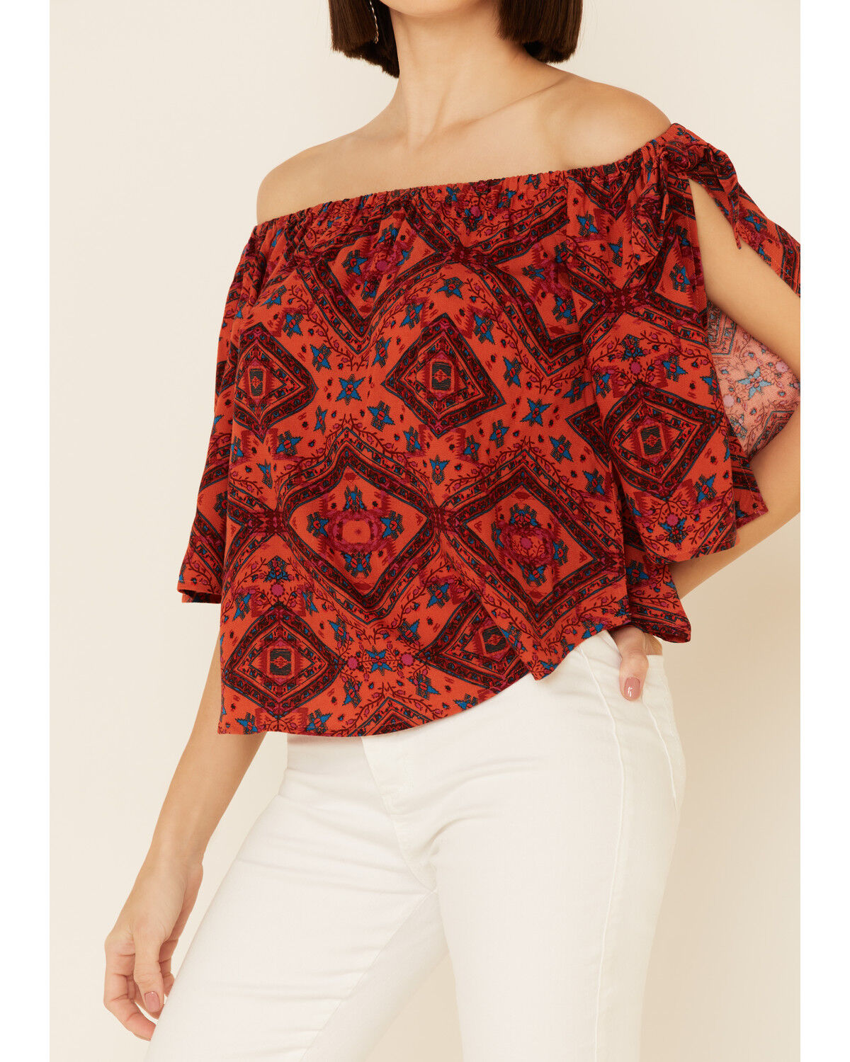 Image #3 - Shyanne Women's Chili Tile Print Tie Sleeve Off-Shoulder Top, Chilli, hi-res