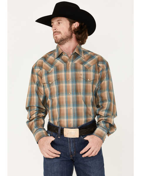 Image #1 - Stetson Men's Ombre Plaid Print Long Sleeve Snap Western Shirt, Brown, hi-res