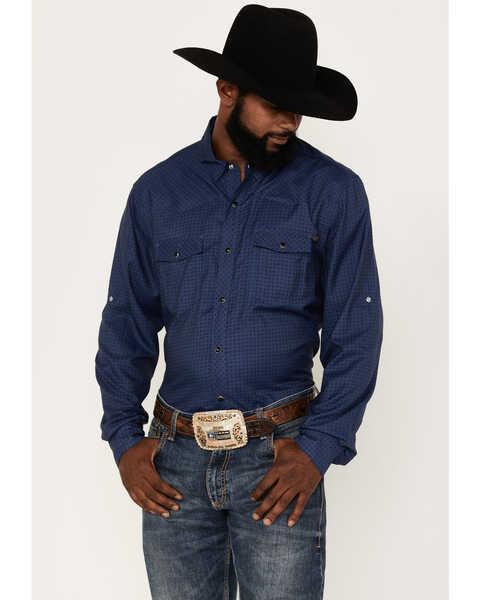 Image #1 - Rock & Roll Denim Men's Tek Geo Pattern Long Sleeve Snap Western Shirt, Blue, hi-res