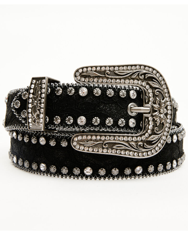 Shyanne Women's Black Lace & Studs Western Belt, Black, hi-res