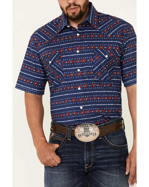 Image #3 - Rough Stock By Panhandle Men's Indigo Southwestern Stripe Short Sleeve Snap Western Shirt , Indigo, hi-res