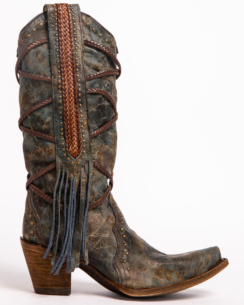 Corral Women's Braided Fringe Cowgirl Boots - Snip Toe, Blue, hi-res