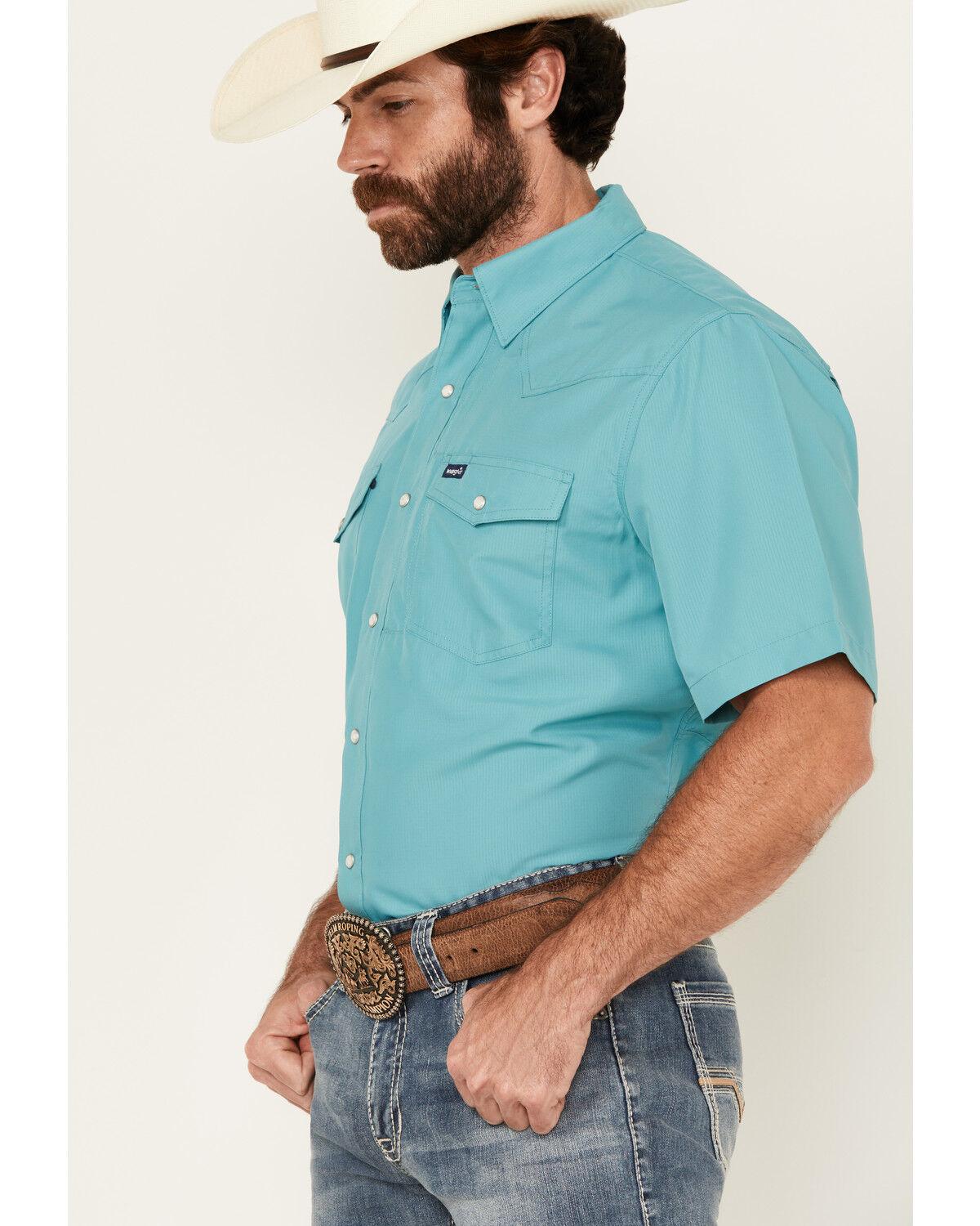 Image #2 - Wrangler Men's Solid Short Sleeve Snap Performance Western Shirt - Tall, Turquoise, hi-res